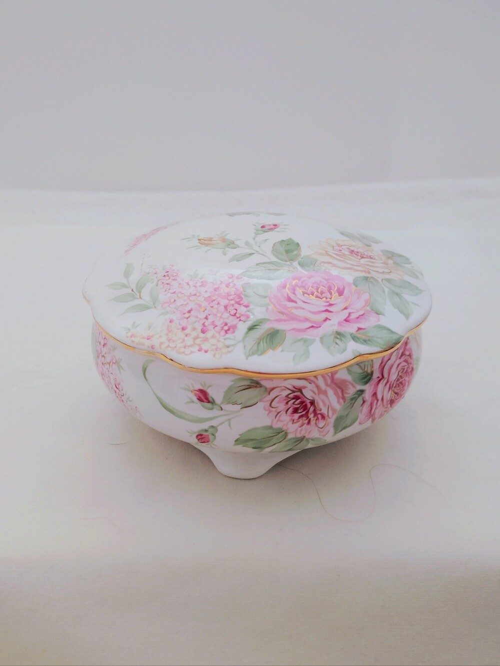 Vtg St Michael 'English Rose' Floral Trinket Keepsake Dish w/ Gilded Lid Japan